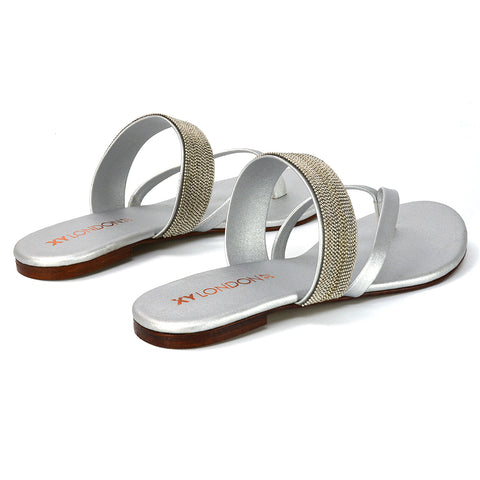 | XY London | Silver Flat Sandals,Silver Strappy Sandals,Silver Diamante Sandals,Silver Embellished Sandals,Silver Toe Post Sandals,Silver Diamante Strap Sandals