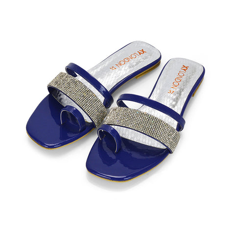 Navy  | XY London | navy blue womens sandals ,diamante strap sandals ,slip on toe post sandals,navy patent sandals