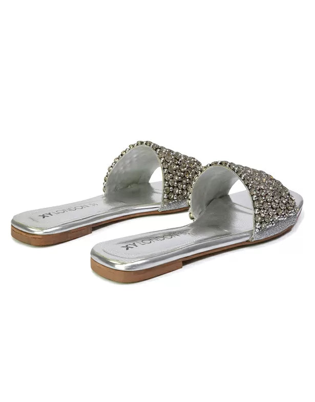 | XY London | silver sandals,silver flat sandals,silver diamante sandals,silver diamante flat sandals,silver flat diamante sandals,silver flats
