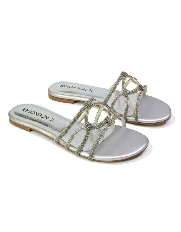 | XY London | silver sandals,silver flat sandals,silver diamante sandals,silver flat diamante sandals,silver bridal flats,silver flat diamante sandals