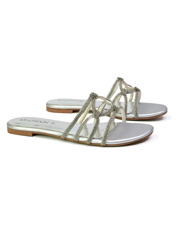 | XY London | silver sandals,silver flat sandals,silver diamante sandals,silver flat diamante sandals,silver bridal flats,silver flat diamante sandals