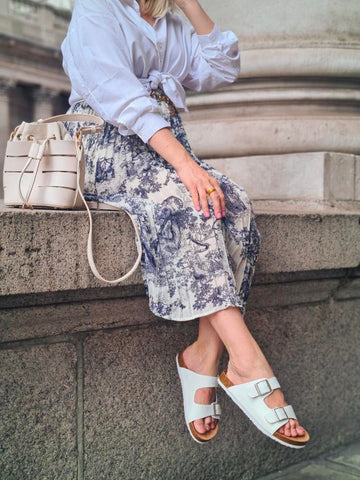 Dolly Slip On Sliders Statement Double Buckle Up Flat Sandals in White