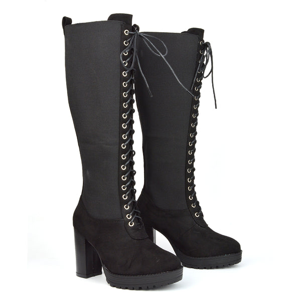 Black high heeled lace up boots 2025