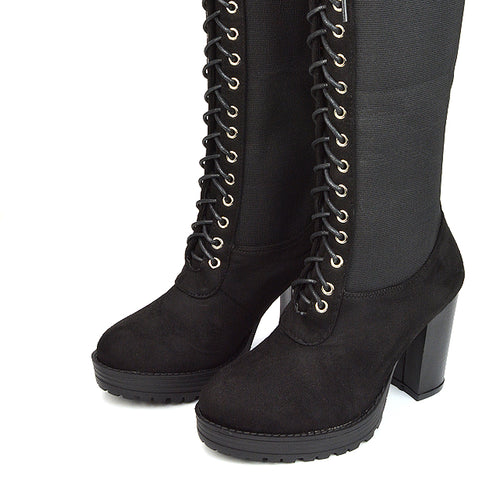 Black suede lace up knee high boots discount