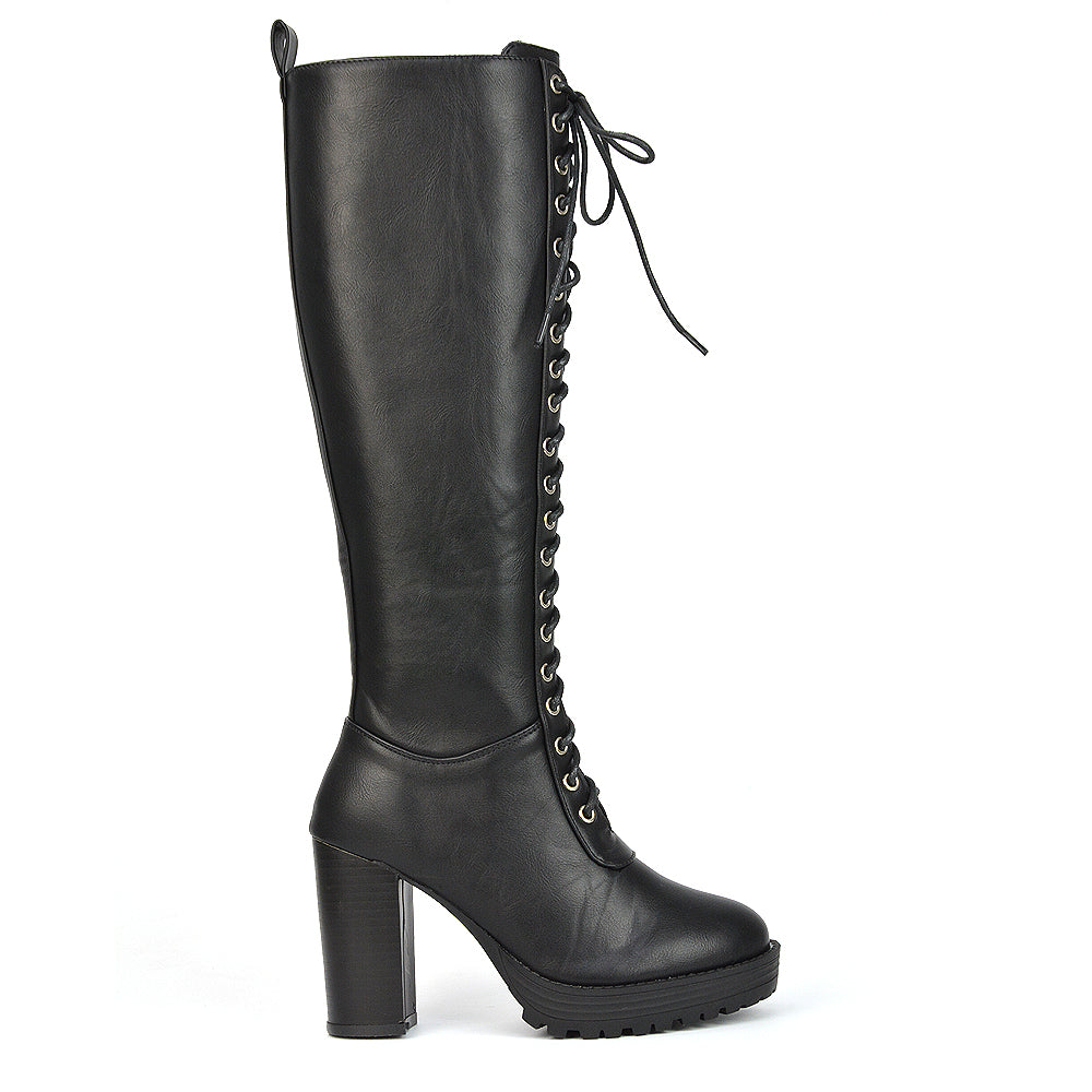 Black Synthetic Leather | XY London | Black Boots,Black Knee High Boots,Black Lace Up Boots,Black Biker Boots,Black Platform Boots,Black Heeled Boots