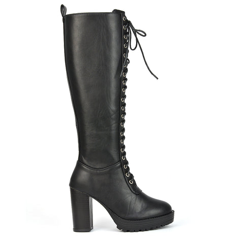 Black Synthetic Leather | XY London | Black Boots,Black Knee High Boots,Black Lace Up Boots,Black Biker Boots,Black Platform Boots,Black Heeled Boots