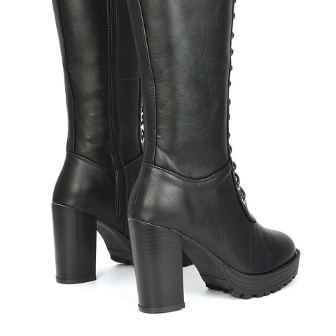 Black Synthetic Leather | XY London | Black Boots,Black Knee High Boots,Black Lace Up Boots,Black Biker Boots,Black Platform Boots,Black Heeled Boots