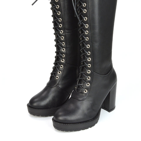 Black Synthetic Leather | XY London | Black Boots,Black Knee High Boots,Black Lace Up Boots,Black Biker Boots,Black Platform Boots,Black Heeled Boots