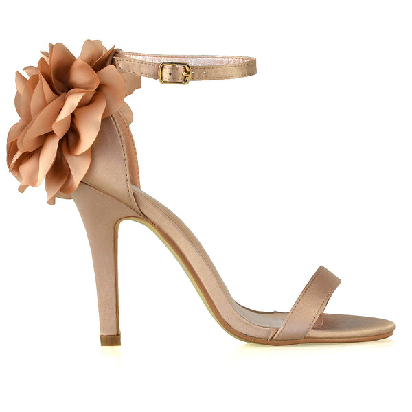 Zola Flower Detail Open Toe Buckle Strappy Bridal High Stiletto Heels Champagne