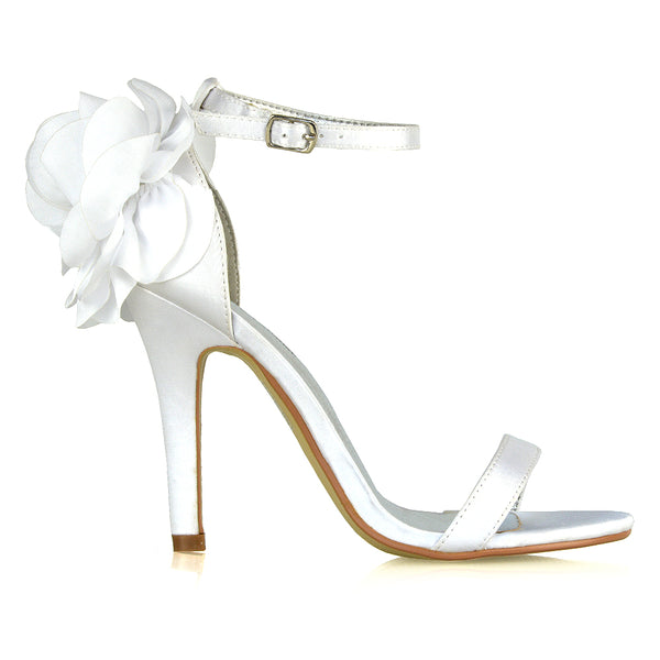 Zola Flower Detail Open Toe Buckle Strappy Bridal High Stiletto Heels