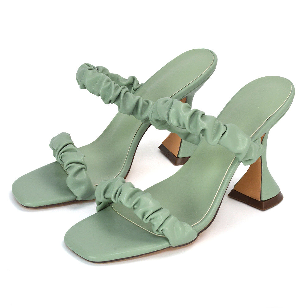 White | XY London | White Mules,White Square Toe Heels,White Strappy Mules,White Ruched Strap Heel,White Flared Heel