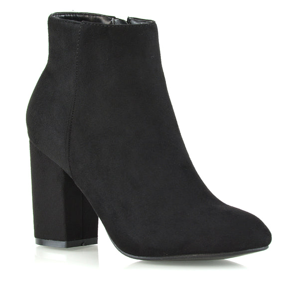 PEACHES CHUNKY BLOCK HIGH HEEL ZIP UP ANKLE WINTER BOOTS FAUX SUEDE