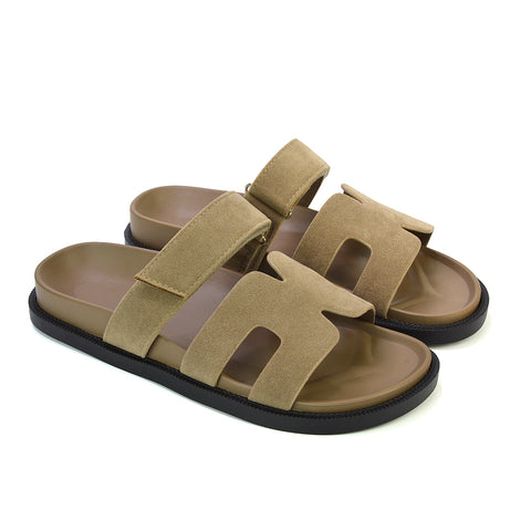 taupe holiday sandals, taupe slip on sandals, holiday sandals, slip on sandals