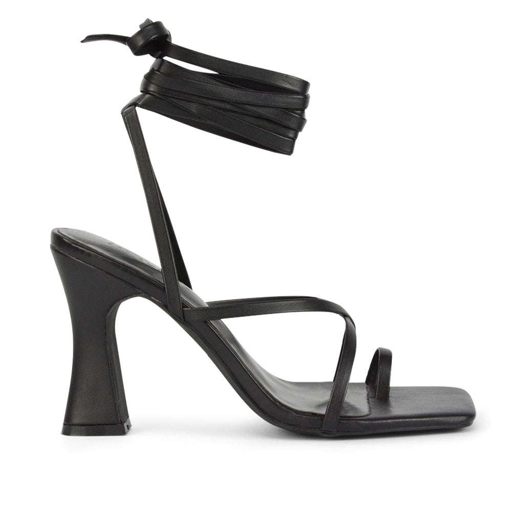 Dylan Square Toe Lace up Strappy Block High Heel Sandals in Black Synthetic Leather