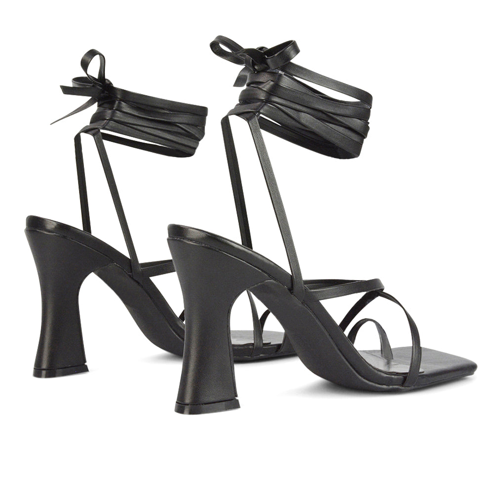 Dylan Square Toe Lace up Strappy Block High Heel Sandals in Black Synthetic Leather