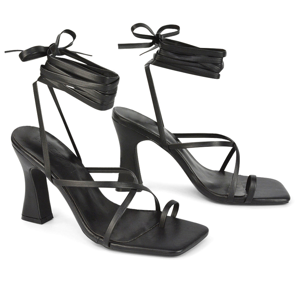 Dylan Square Toe Lace up Strappy Block High Heel Sandals in Black Synthetic Leather