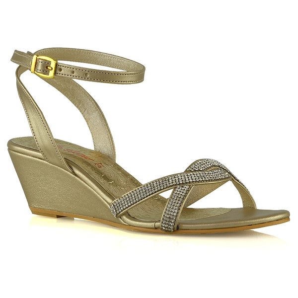 Livvy Diamante Embellished Low Heel Cross Over Strappy Wedge Sandals