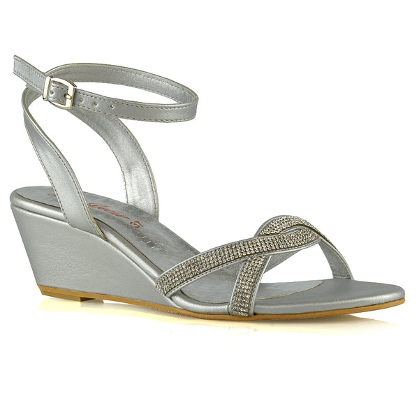 Livvy Diamante Embellished Low Heel Cross Over Strappy Wedge Sandals