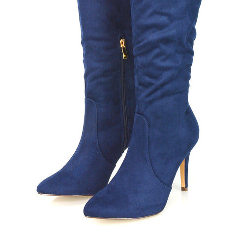 | XY London | ,Navy Boots, Navy Heeled Boots, Navy Knee High Boots,,,