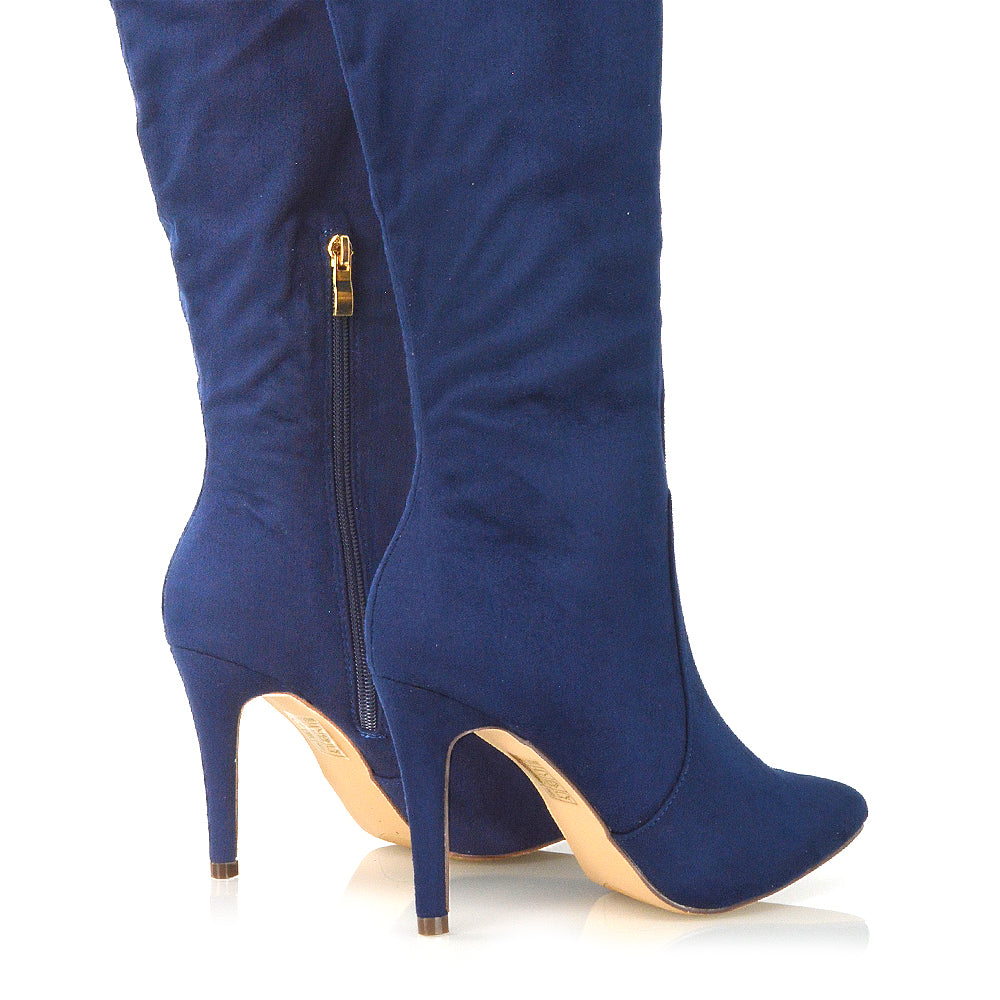 | XY London | ,Navy Boots, Navy Heeled Boots, Navy Knee High Boots,,,