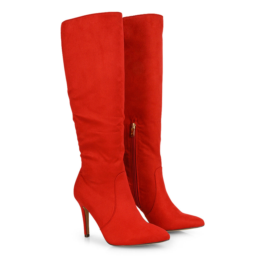 Red | XY London | knee high boots,red faux suede ,stiletto heel boots,pointed toe boots,ladies boots online,red faux suede boots, Red Boots, Red Heeled Boots, Red Knee High Boots