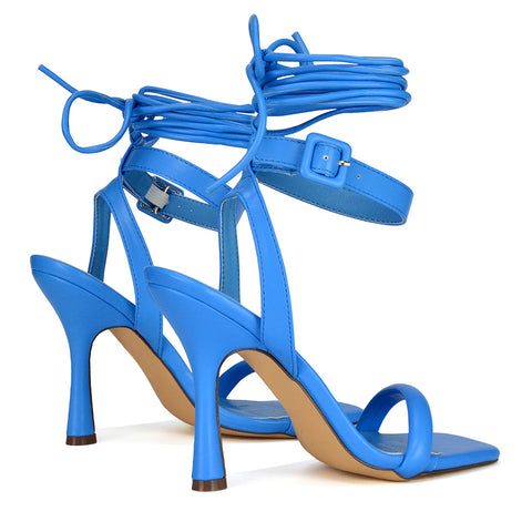 Blue | XY London | Blue Heels,Blue High Heels,Blue Lace Up Heels,blue strappy heels,blue square toe heels