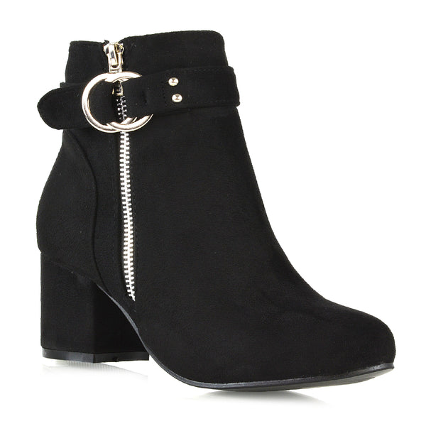 Lakesha Strap Detail Outer Zip Low Block Heeled Ankle Boots Faux Suede