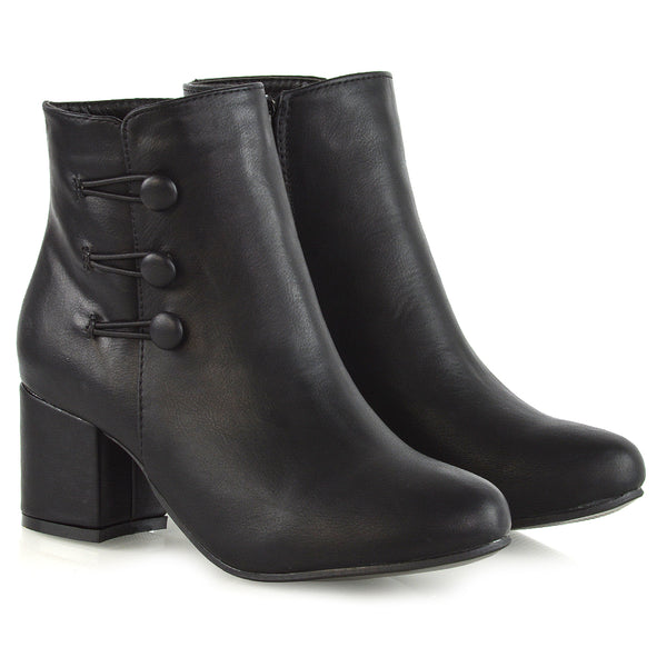 Christine Button Detail Block High Heel Zip Up Ankle Boots Synthetic Leather