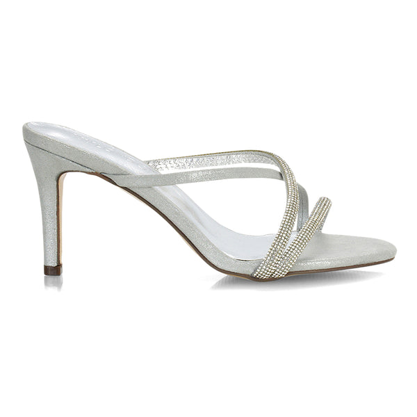 Teddie Diamante Cross Over Strappy Sandal Stiletto High Mule Heels
