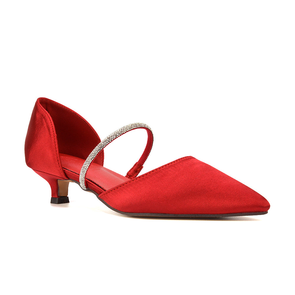 red pointed toe diamante kitten court heels, red court heels low, pointed toe diamante kitten court heels, court heels low
