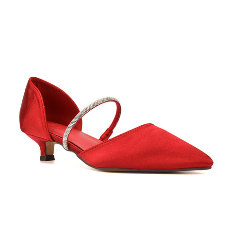 red pointed toe diamante kitten court heels, red court heels low, pointed toe diamante kitten court heels, court heels low