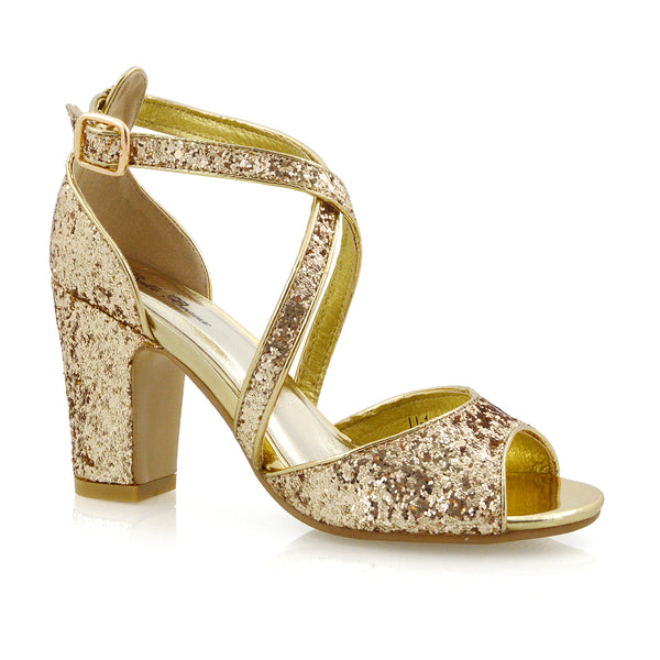 HARLOW CROSS OVER STRAPPY BUCKLE PEEP TOE BLOCK HIGH HEELS GLITTER