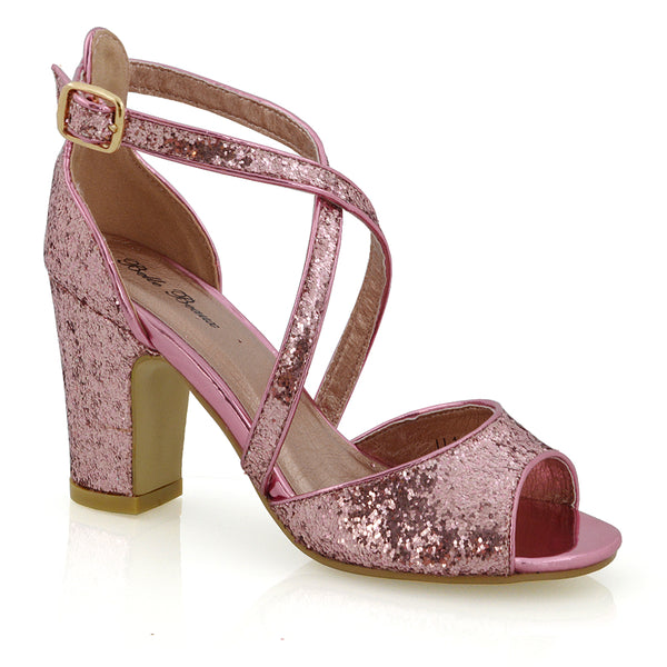 HARLOW CROSS OVER STRAPPY BUCKLE PEEP TOE BLOCK HIGH HEELS GLITTER