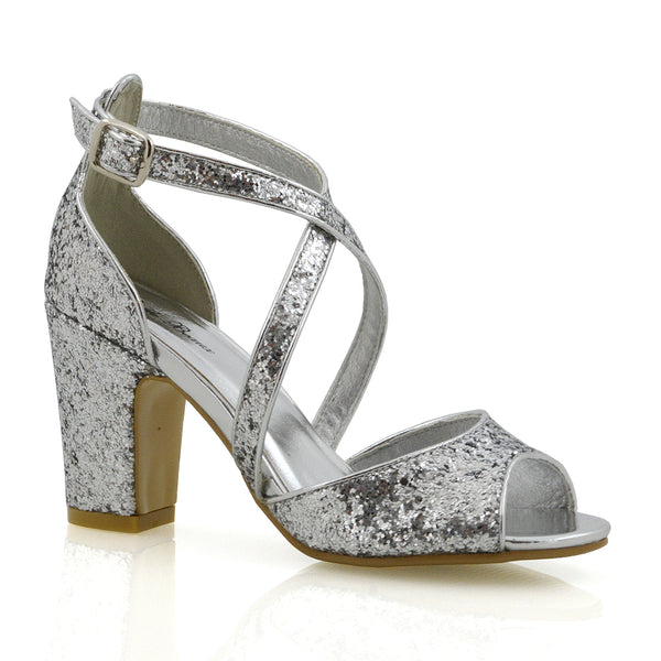 Harlow Cross Over Buckle Strappy Peep Toe Block High Heel Sandals GLITTER