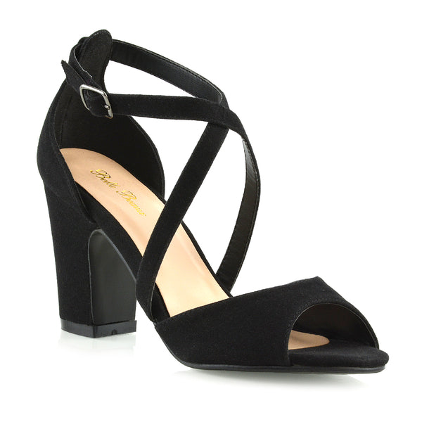 ALICE STRAPPY PEEP TOE MID BLOCK HIGH HEEL SANDAL SHOES FAUX SUEDE