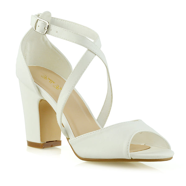 ALICE STRAPPY PEEP TOE MID BLOCK HIGH HEEL SANDAL SHOES SYNTHETIC LEATHER