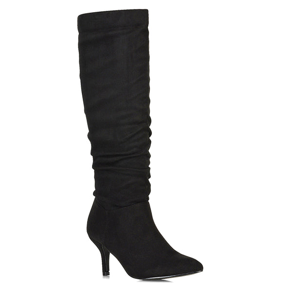 Sian Pointed Toe Knee High Ruched Stiletto High Heeled Long Boots Faux Suede