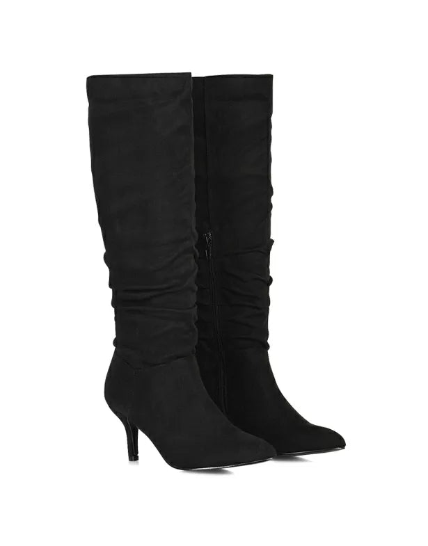 Black Synthetic Leather | XY London | black boots, black heeled boots, black knee high boots
