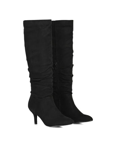 Black Synthetic Leather | XY London | black boots, black heeled boots, black knee high boots