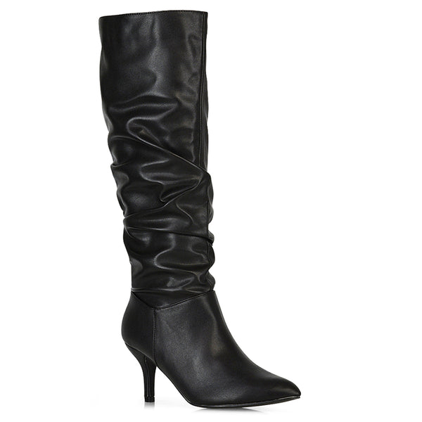 Sian Pointed Toe Knee High Ruched Stiletto High Heeled Boots PU