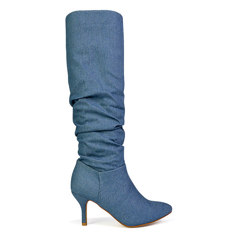 Denim Synthetic Leather | XY London | Denim boots, Denim heeled boots, Denim knee high boots