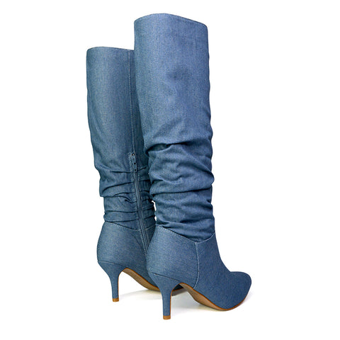 Pink  | XY London | knee high boots, pink boots, pink heeled boots,ladies low heel boots,pointed toe boots,womens ruched boots,womens spring boots