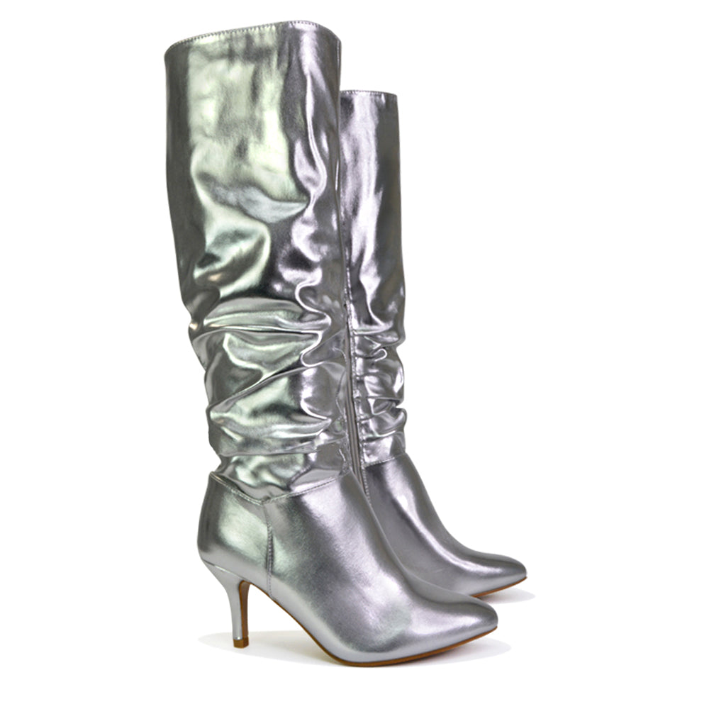 Black Synthetic Leather | XY London | black boots, black heeled boots, black knee high boots