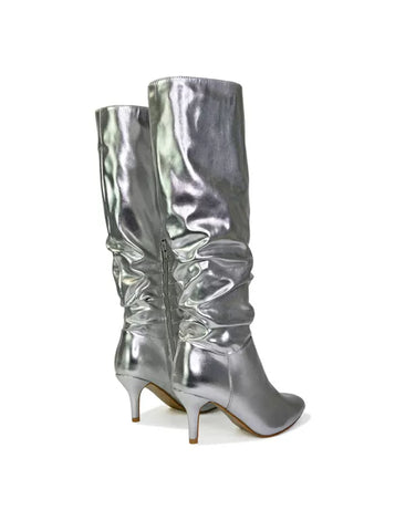 Silver Synthetic Leather | XY London | Silver boots, Silver heeled boots, Silver knee high boots