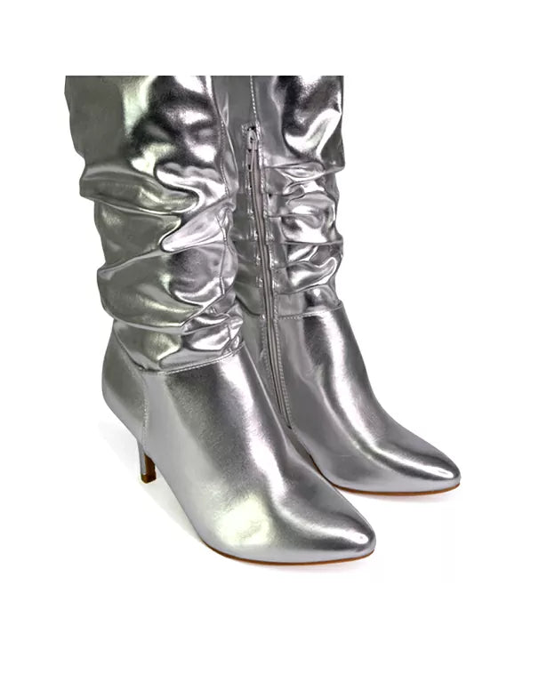 Silver Synthetic Leather | XY London | Silver boots, Silver heeled boots, Silver knee high boots