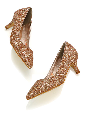 Elegant rose gold glitter slip-on kitten heel court shoes in classic style, perfect for wedding, formal events, or everyday chic. Featuring comfortable low heels, these stylish and versatile shoes offer a sophisticated look for both professional and dressy occasions.