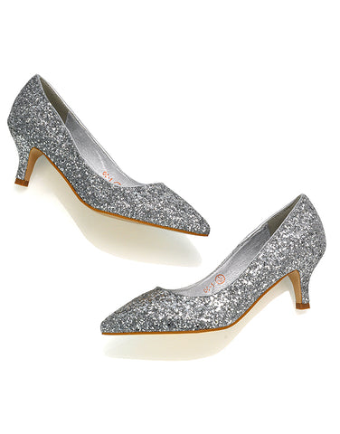 Elegant silver glitter slip-on kitten heel court shoes in classic style, perfect for wedding, formal events, or everyday chic. Featuring comfortable low heels, these stylish and versatile shoes offer a sophisticated look for both professional and dressy occasions.
