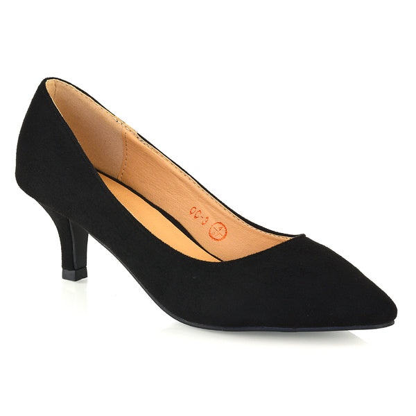 Cali Pointed Toe Slip on Low Stiletto Kitten High Heel Court Shoes