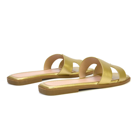 gold slip on flat sandals, gold strappy slides, slip on flat sandals, strappy slides