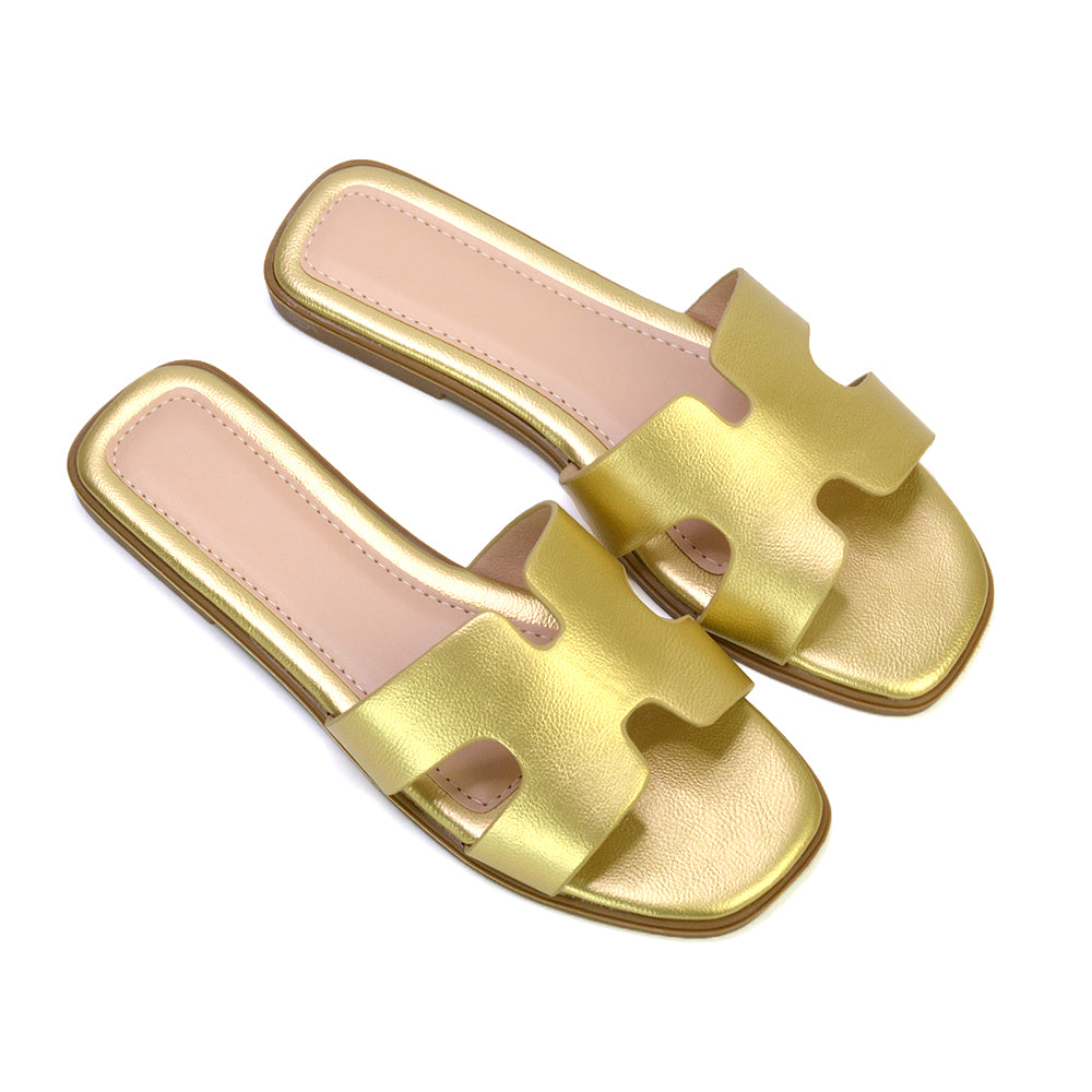 gold square toe sandals, gold summer slides, square toe sandals, summer slides